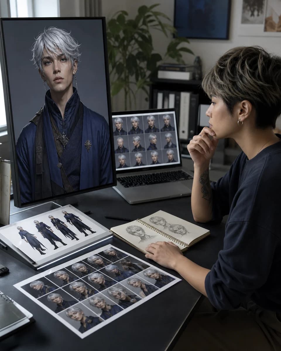 A character designer comparing several consistent character workflows