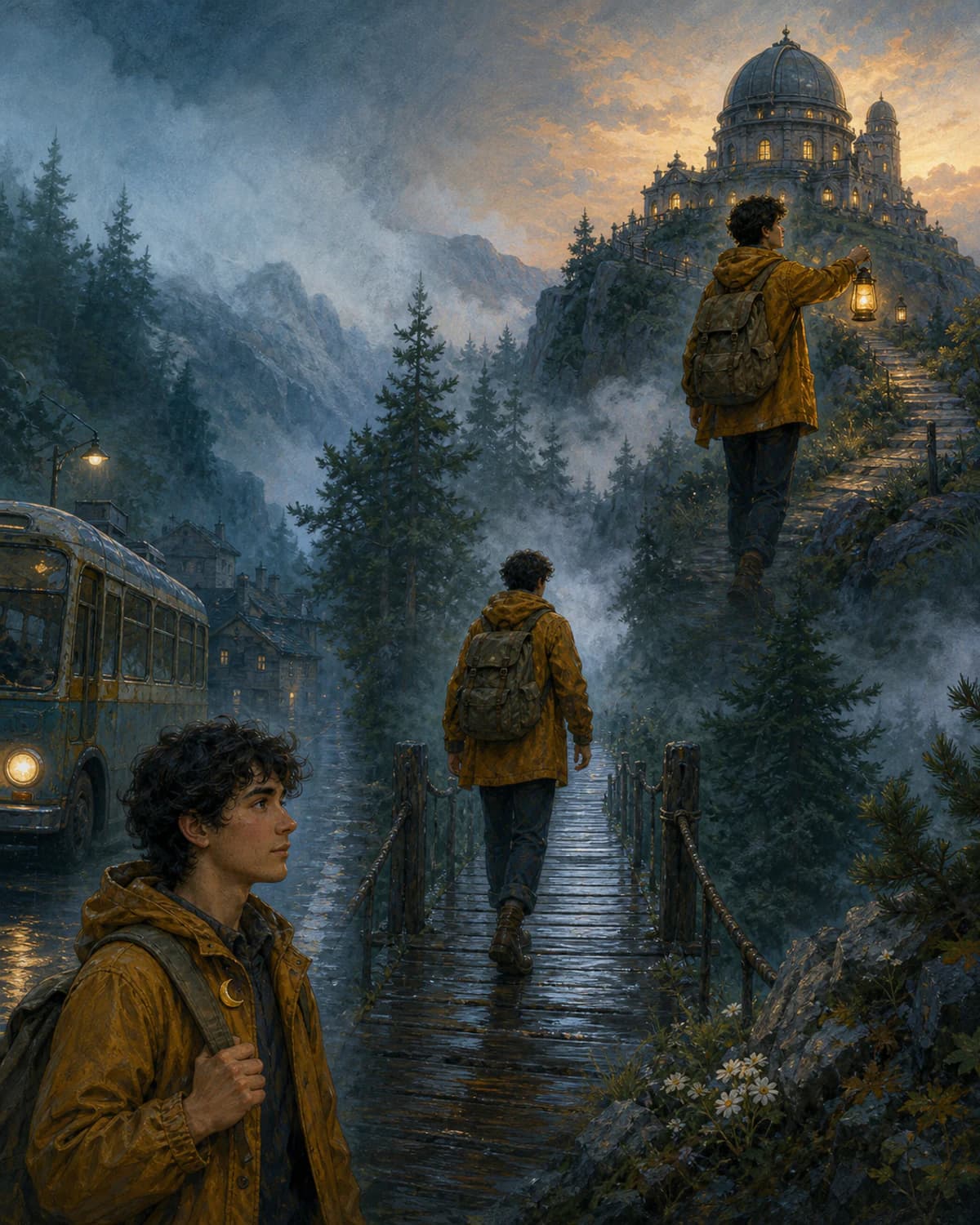 Same young explorer appearing consistently across three connected illustrated story scenes