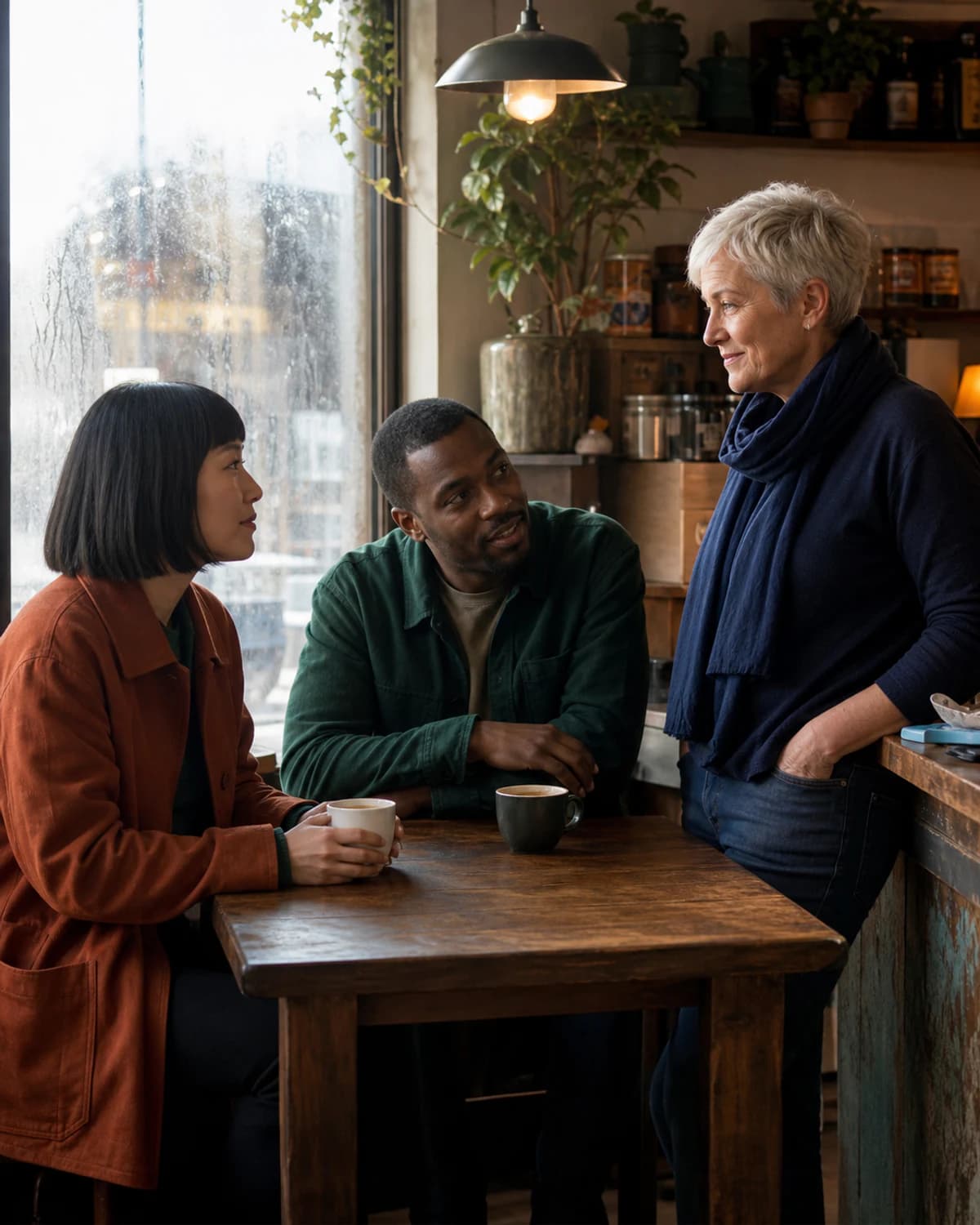 Three distinct recurring characters interacting in one cinematic cafe scene