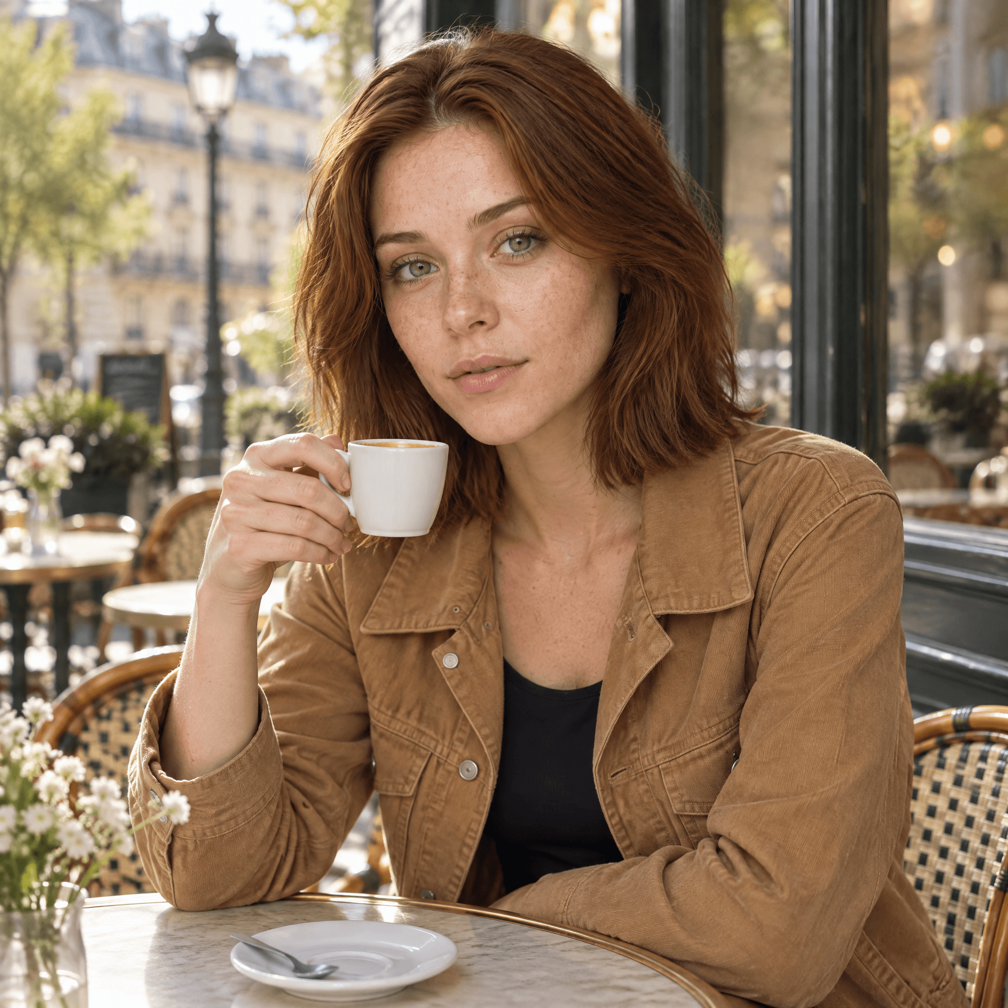 Generated photograph of the woman holding a coffee cup at an outdoor café