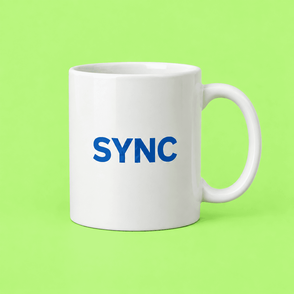 生成结果:浅绿色背景下的白色 SYNC 杯子