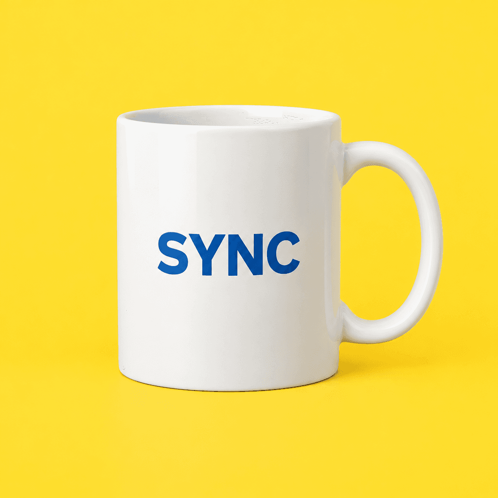 用作参考图的黄色背景白色 SYNC 杯子