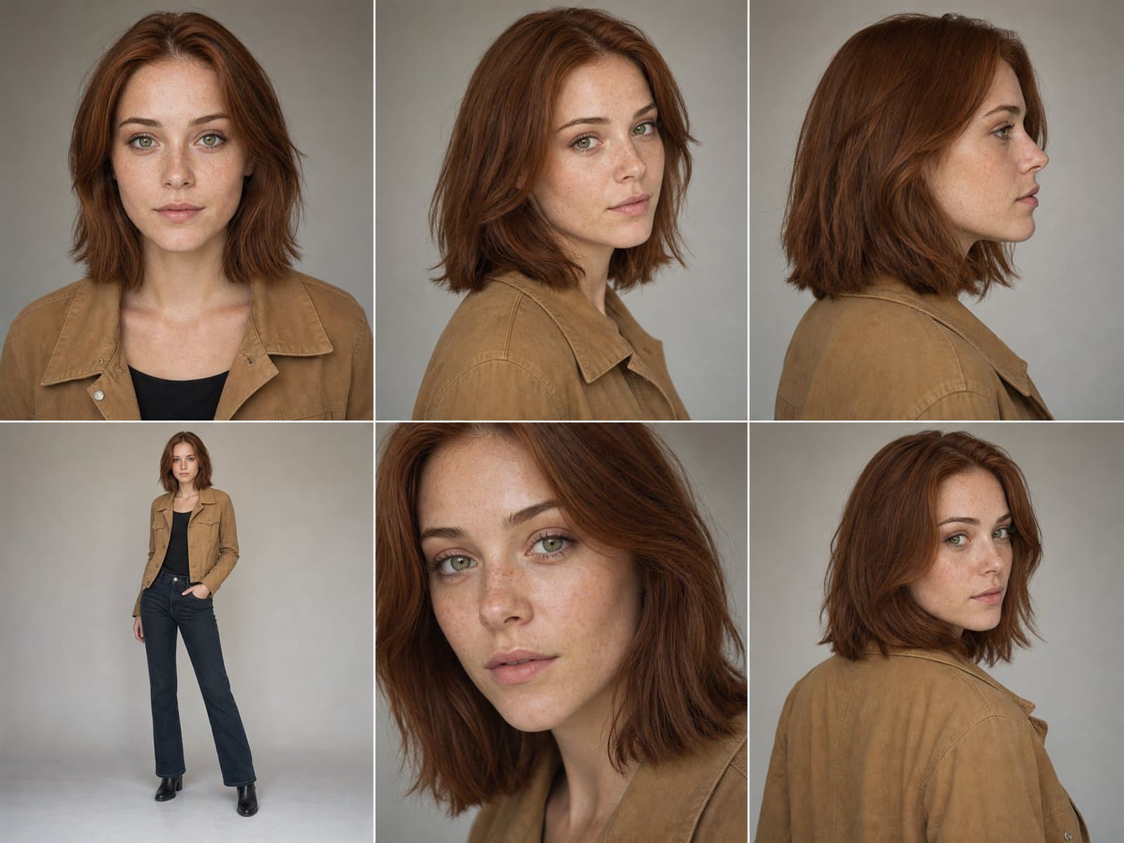 Reference sheet showing the same fictional woman with short auburn hair
