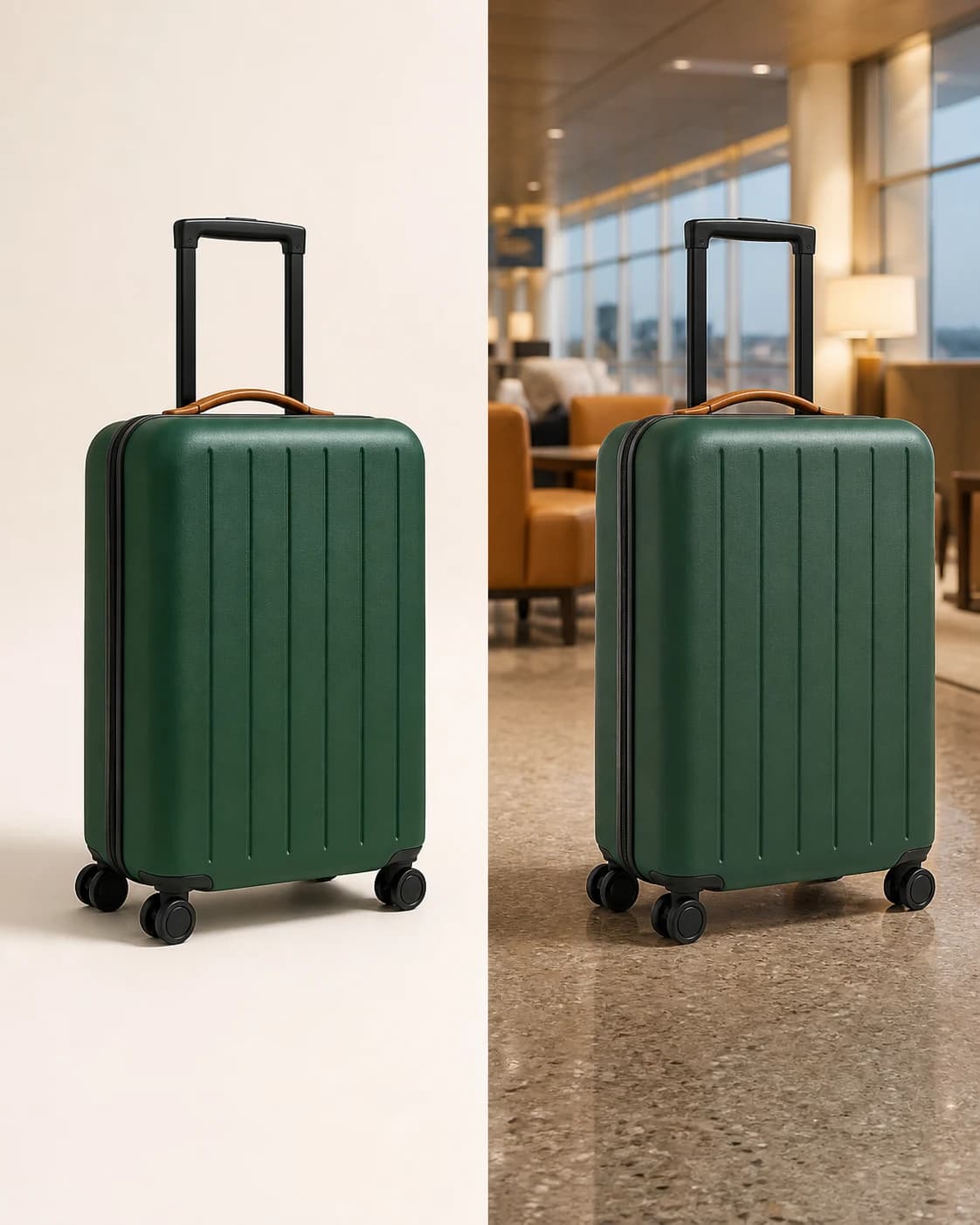 The same emerald green suitcase on a studio background and in an airport lounge