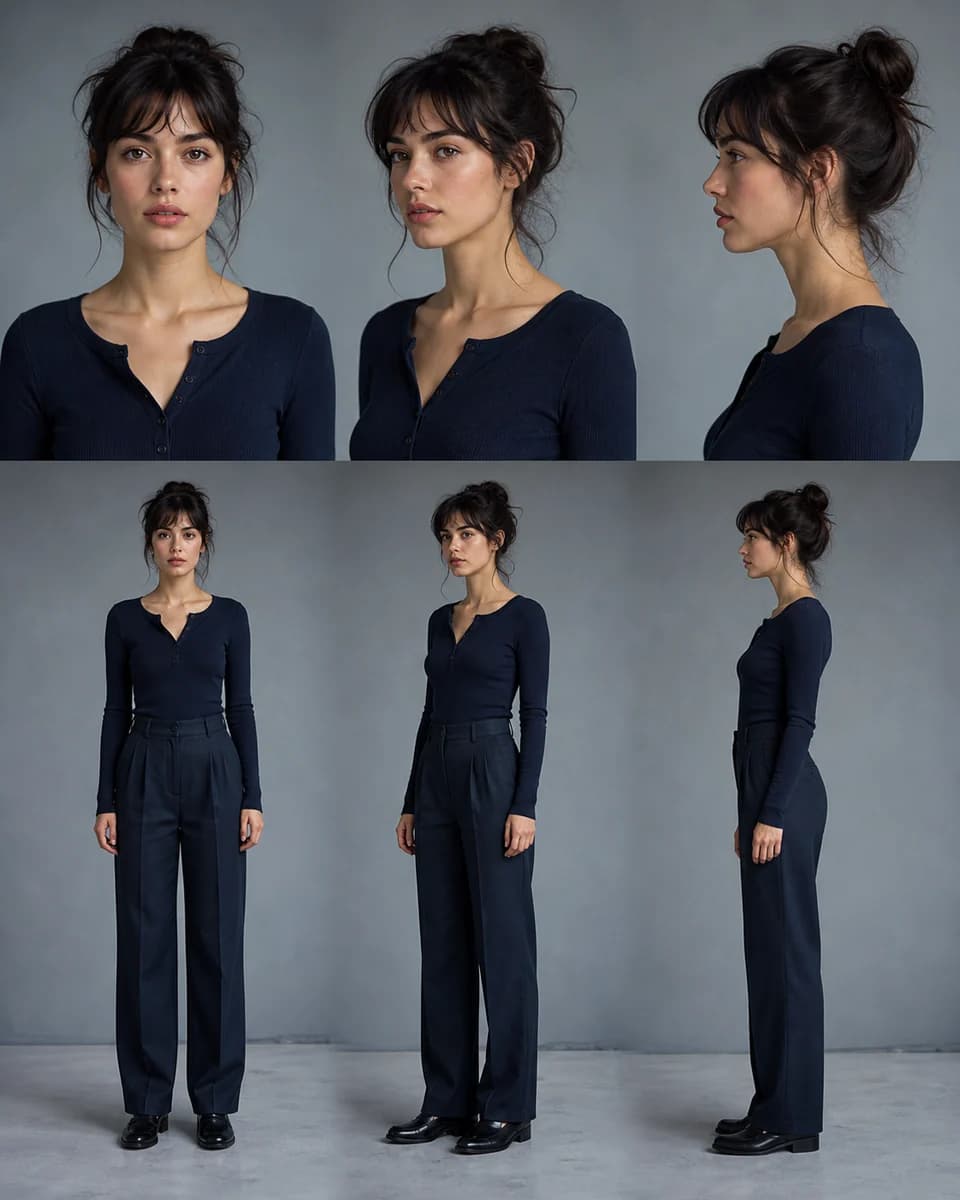 A consistent female character shown from multiple angles and distances
