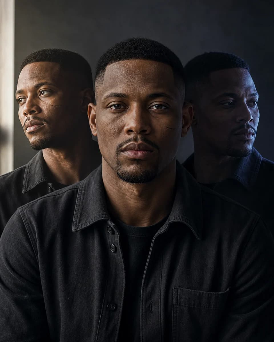 The same male face preserved across four different lighting setups